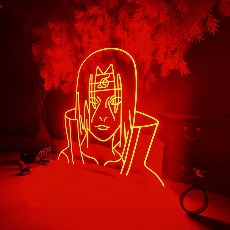 Neon sign of naruto with long hair on a red background