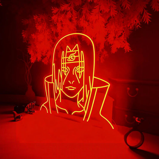 Neon sign of naruto with long hair on a red background