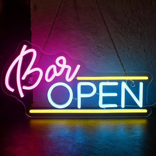 A glowing neon sign reading 'Bar OPEN' in a dark background.