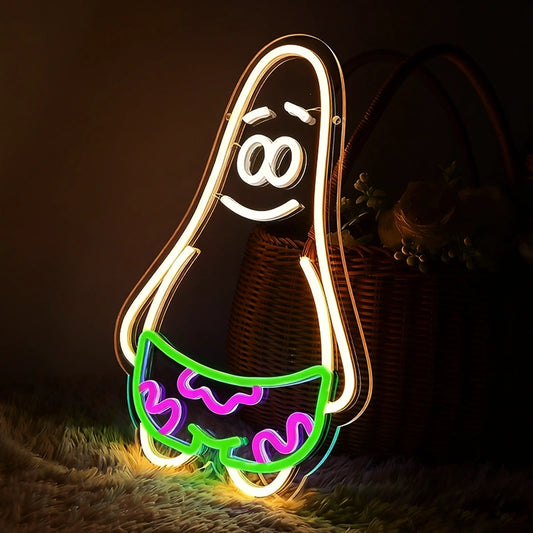 Neon sign shaped like a patrick star with colorful lights on a dark background