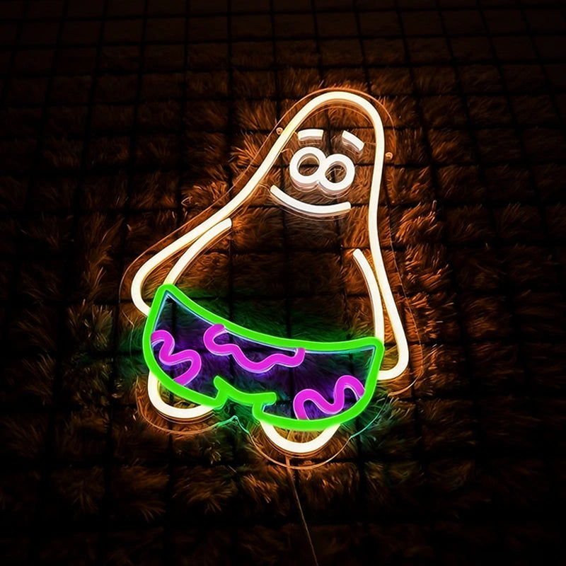 Neon sign of a cartoon character patrick star on a dark background
