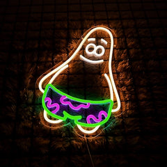 Neon sign of a cartoon character patrick star on a dark background
