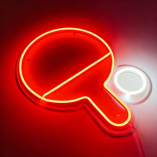 Neon sign shaped like a ping pong paddle on a red background