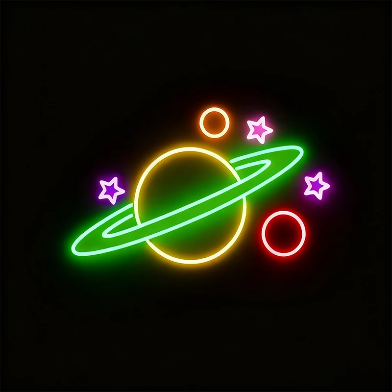 Galaxy neon sign of a planet and stars on a black background