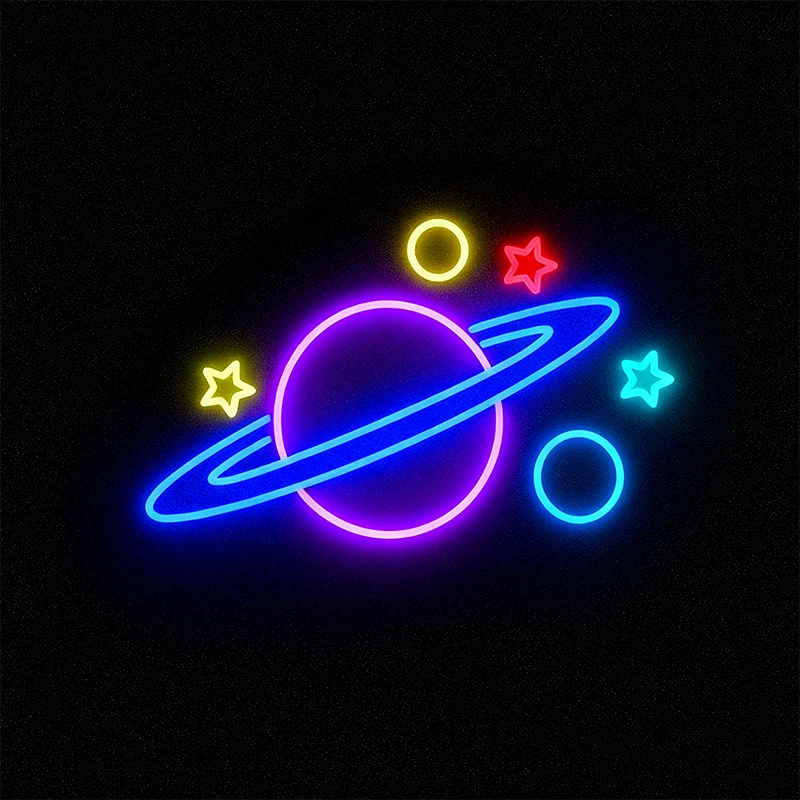 Multi-color Neon sign of a planet and stars on a black background