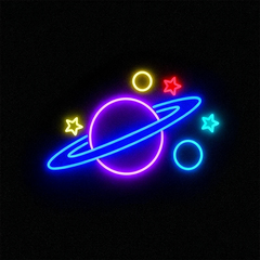 Multi-color Neon sign of a planet and stars on a black background