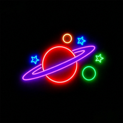 Colorful neon sign of a planet and stars on a black background