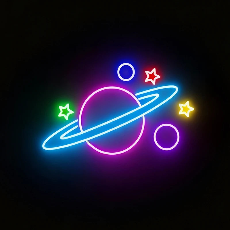 Neon sign of a planet and stars on a black background