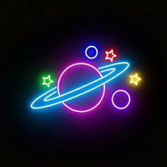 Neon sign of a planet and stars on a black background