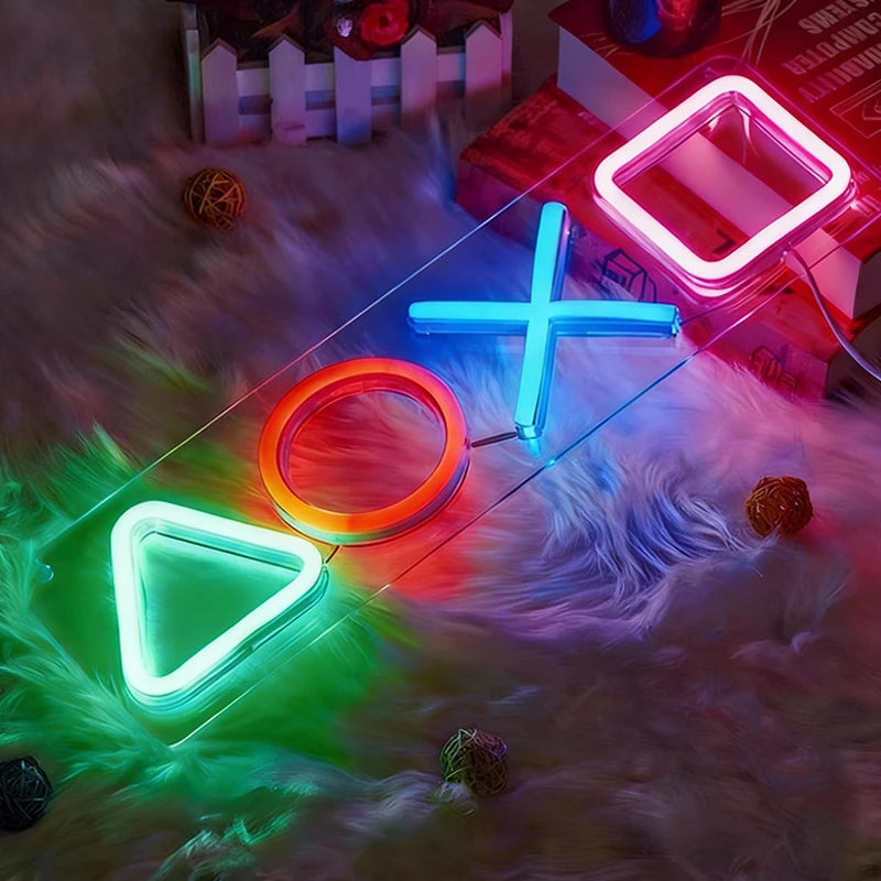 Playstation neon sign on a fluffy white surface.