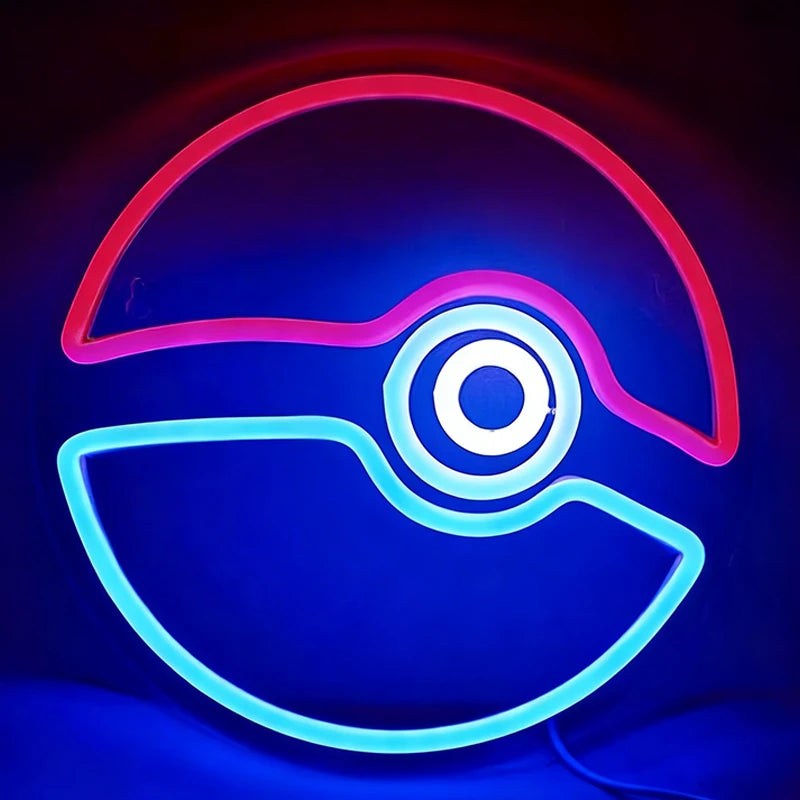 Neon sign of a Poke Ball logo on a dark background