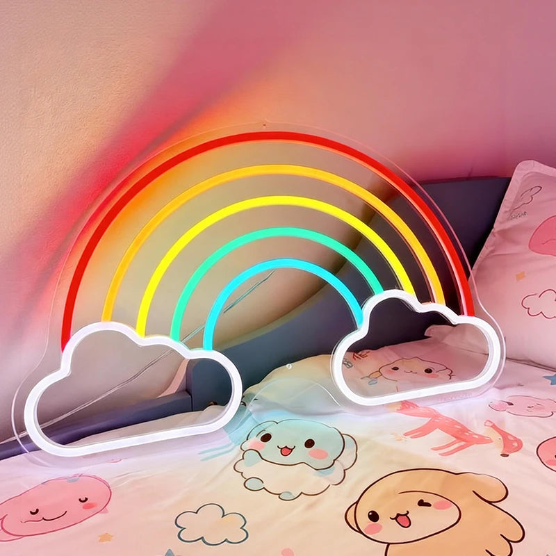 Neon rainbow light on a bed with cartoon bedding