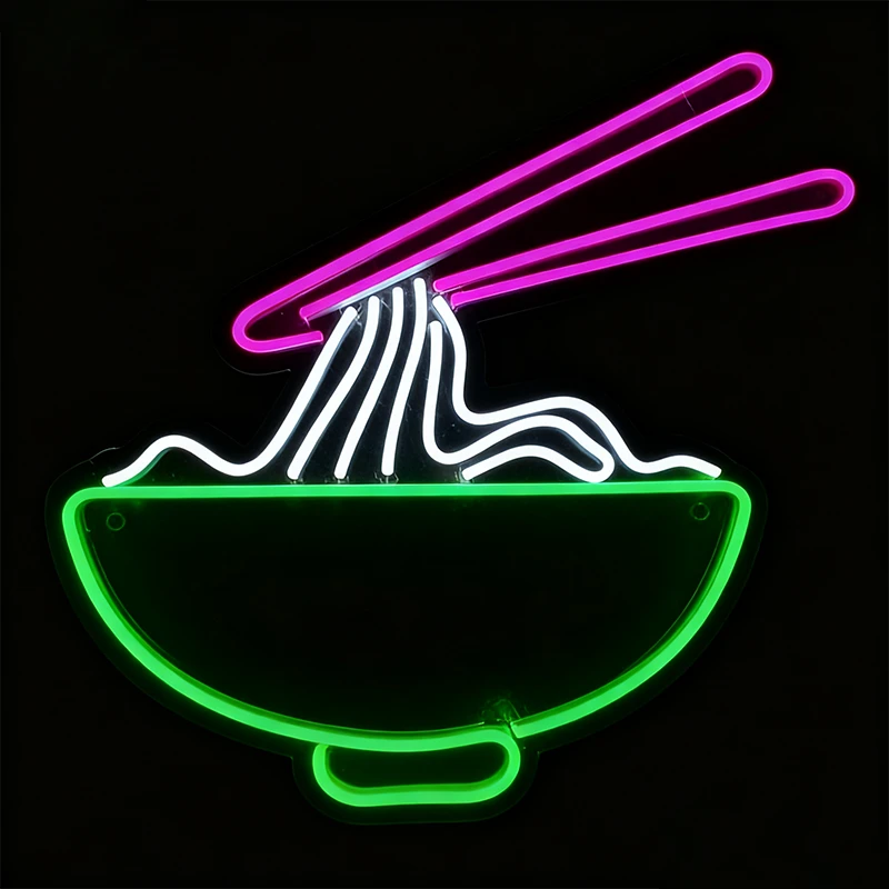 Neon sign of a bowl of noodles with chopsticks on a black background