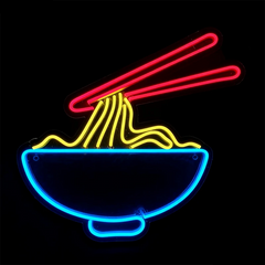 Neon sign of a bowl of noodles with red chopsticks on a black background