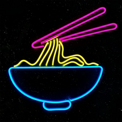 Neon sign of an ice blue color bowl of noodles with chopsticks on a black background