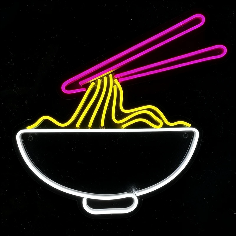 Neon sign of noodles in a white light color bowl with pink chopsticks on a black background