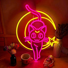 Neon sign of a cat character with pink and yellow colors on a wooden surface.