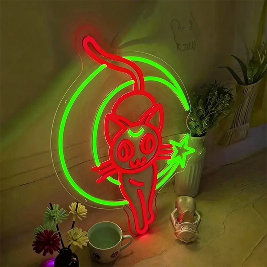 Neon sign of a cat with a green drink and red straw on a wall.
