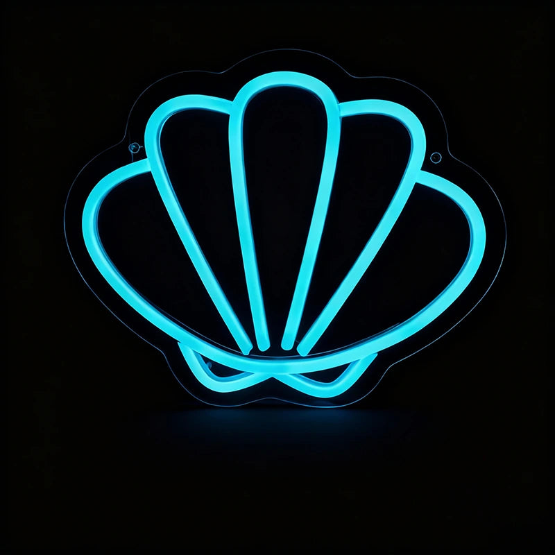 Neon ice blue shell-shaped light on a black background
