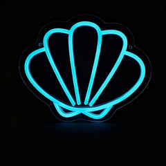 Neon ice blue shell-shaped light on a black background