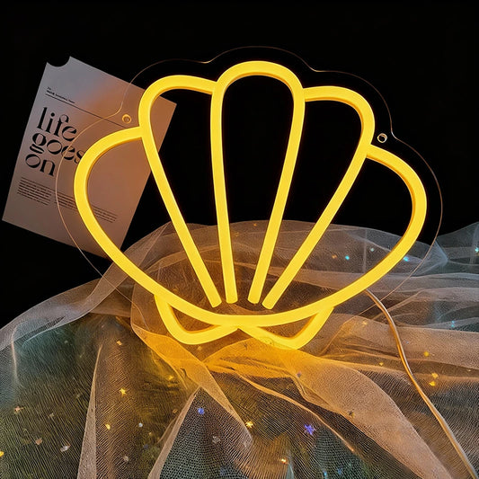 Yellow neon light shaped like a shell on a black background