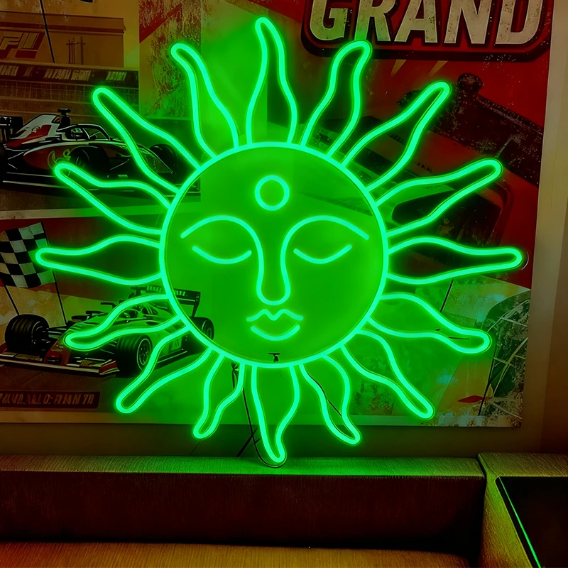 Neon green sun-shaped sign with face on a shelf.