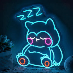 Neon sign of a pokemon snorlax with 'Zzz' text on a dark background