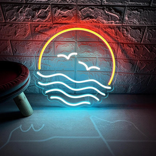 Neon sign with wave and sun design on a textured wall.