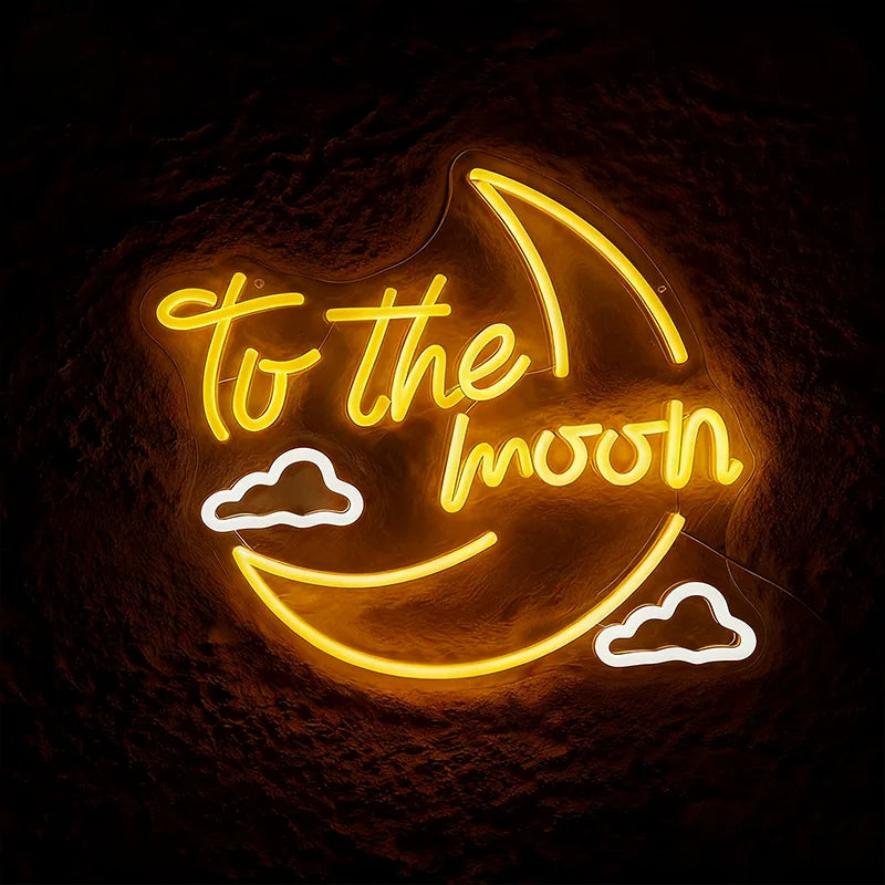 Neon sign with 'to the moon' text on a textured surface