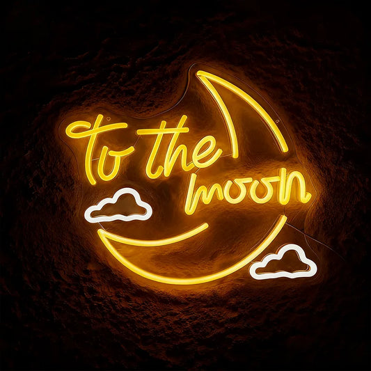 Neon sign with 'to the moon' text on a textured surface