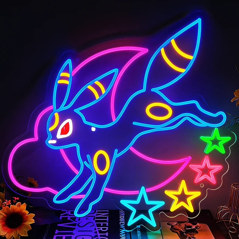 Neon sign of a cartoon character umbreon with stars on a dark background