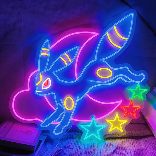 Neon sign of a cartoon character umbreon with colorful stars on a dark background