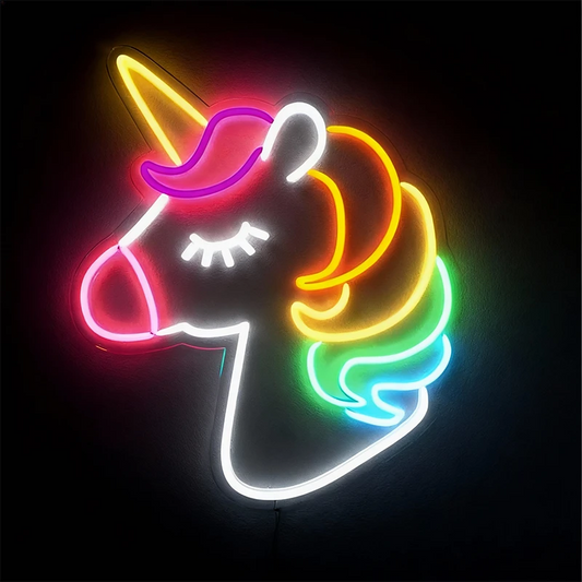 Neon sign of a unicorn with rainbow colors on a black background