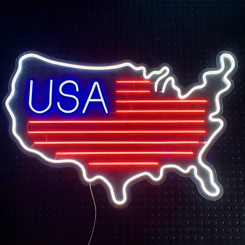 Neon sign of the United States in the shape of the country with 'USA' text on a dark background.