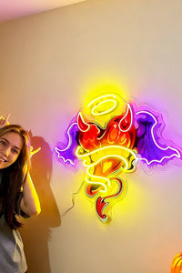 Man holding a neon sign in a living room setting