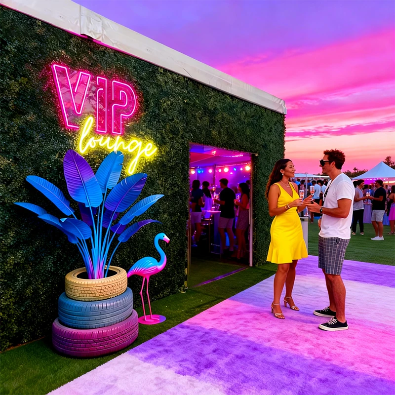 VIP lounge area with neon sign, decorative plants, and people socializing at a colorful event.