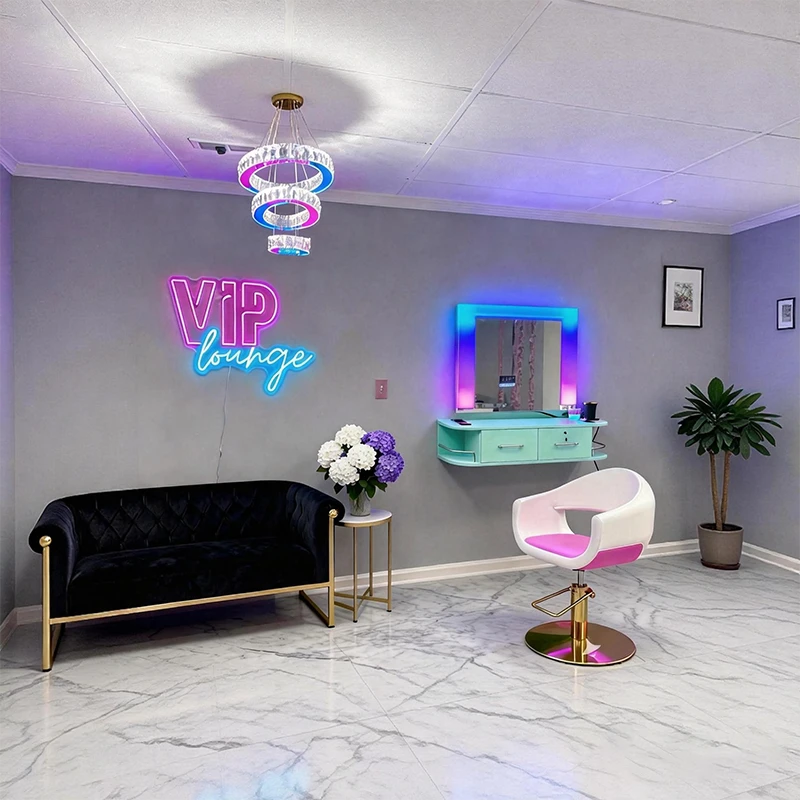 VIP lounge interior with black sofa, white chair, neon sign, and decorative elements.