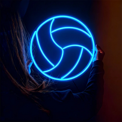Person holding a glowing ice blue color volleyball neon sign against a dark background