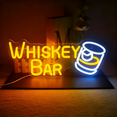 Neon sign that reads 'Whiskey Bar' with a glass of whiskey.
