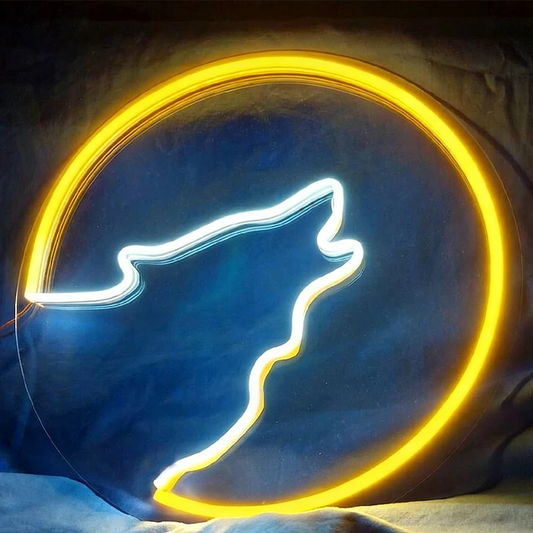 Neon sign of a wolf howling at the moon with lemon yellow and white colors.