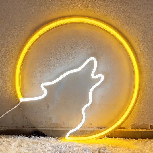 Neon outline of a wolf howling inside a circular lemon yellow neon light on a textured wall.