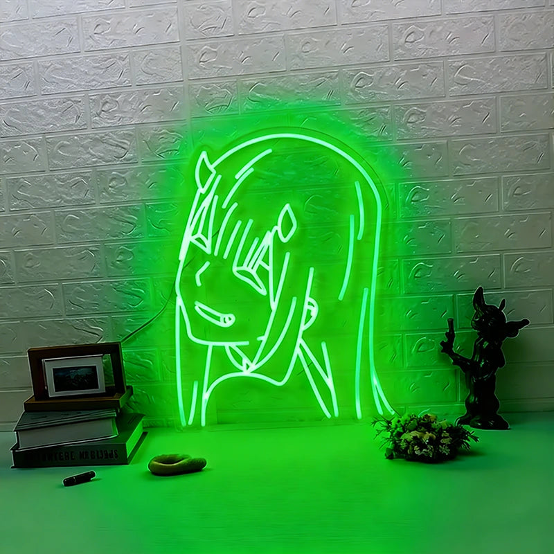 Neon sign of green zero two on a textured white brick wall with decorative items below.
