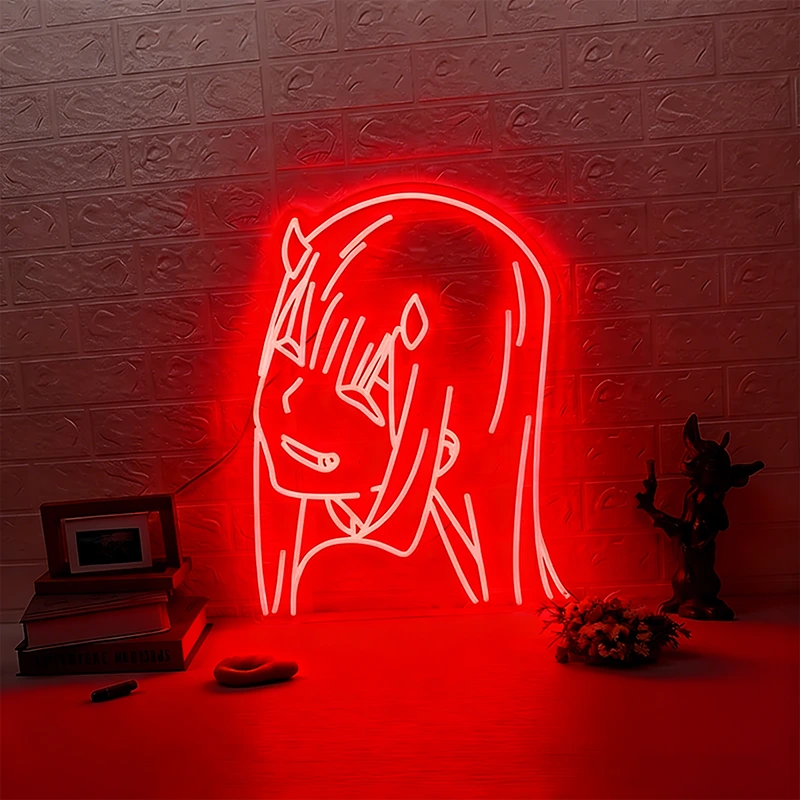 Neon sign of red zero two on a textured brick wall with decorative items below.