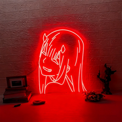 Neon sign of red zero two on a textured brick wall with decorative items below.