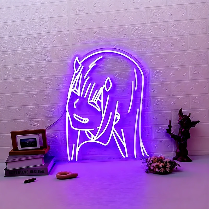 Neon sign of purple zero two on a textured brick wall with decorative items below.