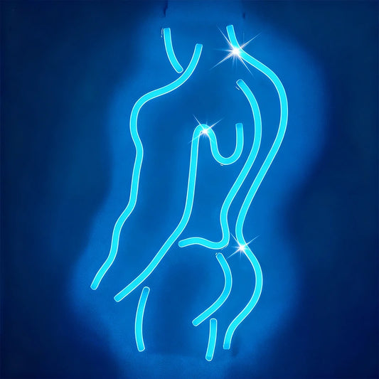 Neon ice blue outline of a person on a dark blue background
