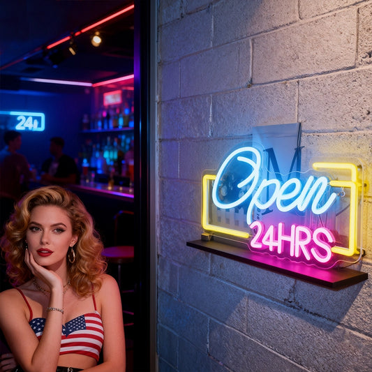 Neon sign 'Open 24HRS' on a brick wall with a woman in a bar setting.