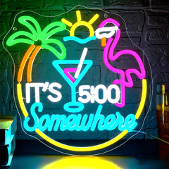 Neon sign with flamingo, palm tree, and cocktail glass design on a brick wall background.