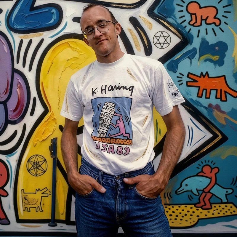A man wearing a white graphic t-shirt with Keith Haring's 'Having a Good Time' design from 1989, paired with blue jeans, standing in front of a colorful graffiti mural.