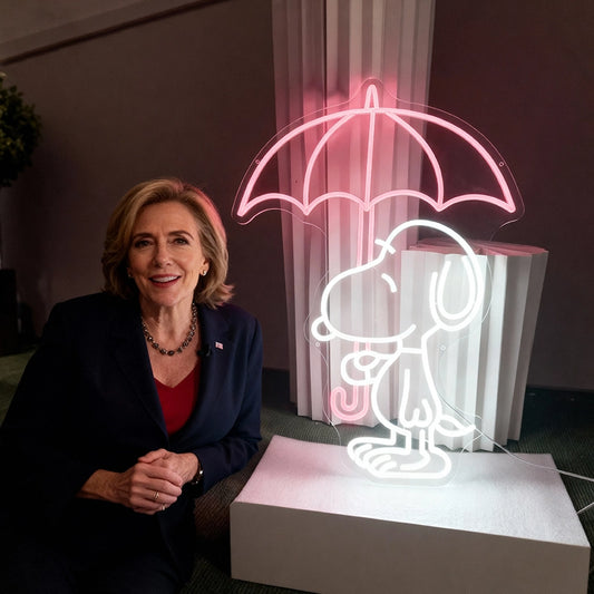 Woman sitting next to a neon sign of a dog under an umbrella